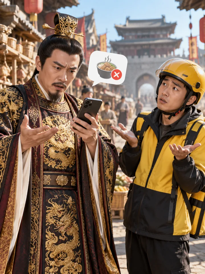假如古装短剧加入现代科技：皇上微服私访点外卖被拒单 · 原创概念配图